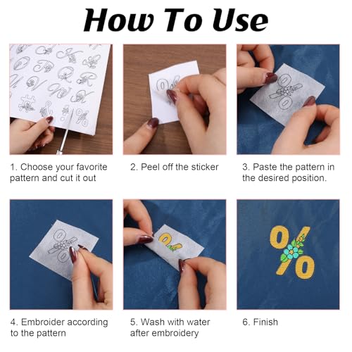 ORIGACH 4 Sheets 143 Pcs Water Soluble Embroidery Patterns Stabilizers - Pre-Printed Letter, Number & Floral Hand Sewing Stabilizers- Stick & Stitch Embroidery Patterns for Hand Sewing Beginner - color: Letter Number & Floral