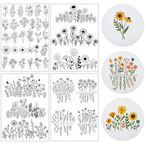 Flower Water Soluble Embroidery Patterns - 4 Sheets 40 Pcs Stick and Stitch Embroidery Papers Wash Away Pre-Printed Floral Pattern Transfers, Customized Gift for Hand Sewing Lover Beginners - size: Pattern: Flower (Style 1)