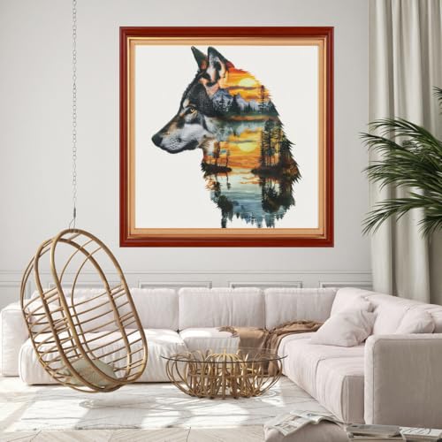 Findvoor Counted Cross Stitch Kits for Adults Full Range of Cross Stitching Embroidery Unprinted Pattern for Beginners, 11CT Needlepoint Cross-Stitch Patterns Embroidery Kits-Abstract Wolf 18×18 inch - color: ColourSet16