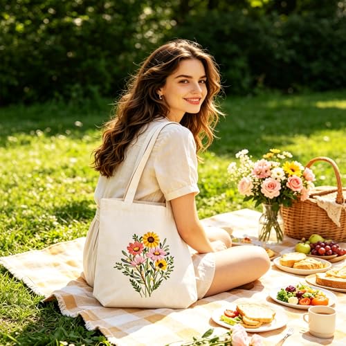 Vigdit Canvas Tote Bag Embroidery Kit for Beginners, Needlepoint Cross Stitch Kit for Adult Beginner, DIY Reusable Grocery Bags Embroidery Starter Kit with Stamped Floral Tools & Instructions - color: Flower2