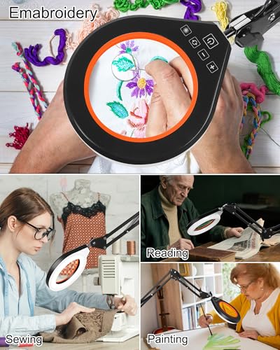 Real Glass Magnifying Lamp, 10X/5X, 10 Brightness, LED, Long Arm, Orange - color: Orange
