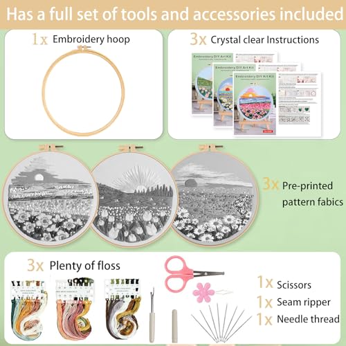 Ohcol 3 Sets Embroidery Kit,Cross Stitch Kits for Beginners,Needlepoint Kits for Adults with Landscape Floral Pattern Hand Crafts,Hoop,Needle