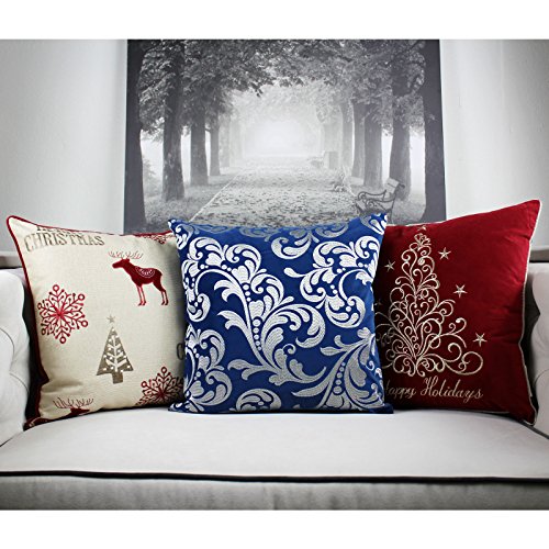 Embroidery Blue Velvet Throw Pillow Cover, Merry Christmas Series Silver Floral Luxury Soft Fuzzy Cozy Warm Slik Gift Square Couch Cushion Pillow Case 20 x 20 Inch, Cover Only - color: Silver Floral