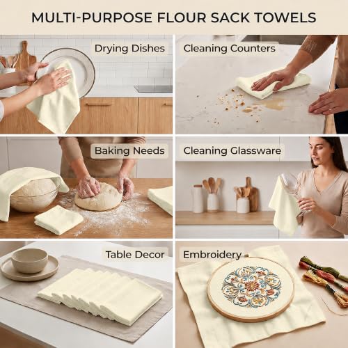 Avalon Kitchen Flour Sack Towels – 15 Pack, 28x28 Inch, 100% Cotton – Flour Sack Dish Towels for Drying Dishes, Baking, Bread Proofing, Crafting & Embroidery – Reusable Beige Kitchen Towel - color: Beige, size: 15 Pack - 28x28 inches