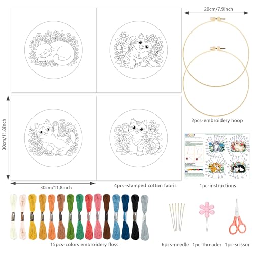 INFUNLY 4 Sets Cute Cat Embroidery Kits for Adults Flowers DIY Cross Stitch Starter Kit with Instructions Kitten Wildflowers Needlepoint Kits with Embroidery Cloth Colored Threads Hoops Tools