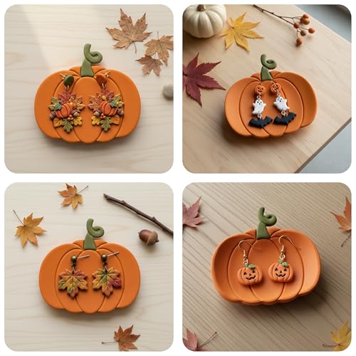 Large Autumn Halloween Clay Cutters for Polymer Clay – Pumpkin Ghost & Maple Leaf Trinket Dish Clay Cutter Set with Embossed Details | Autumn Magic - color: AUTUMN MAGIC