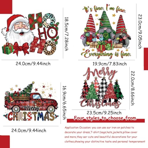 4 Packs Santa Claus Iron on Transfers Stickers Christmas Heat Transfer Vinyl Iron on Patches Christmas Tree Dwarf Car HoHoHo Design Iron on Decals for Clothes Pillow Hoodie DIY Crafts Supplies - color: N