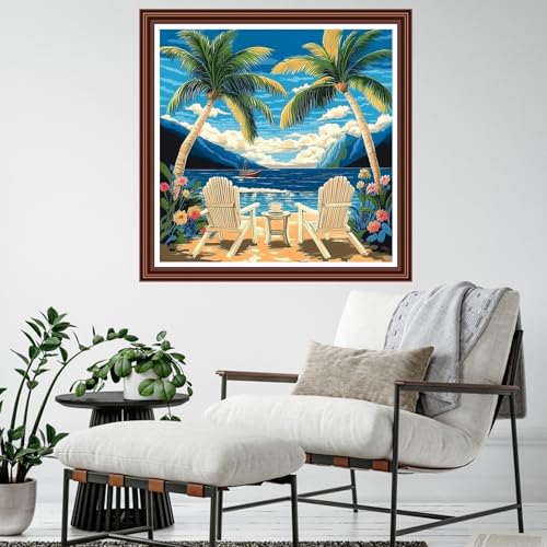 Dimensean Counted Cross Stitch Kit for Beginners, 11CT Unprinted Cross-Stitch Kit Easy Patterns Needlepoint Kit Cross Stitching Embroidery Kit Supplies-Rest Under the Coconut Tree 18x18 inch - color: ColornNEW18