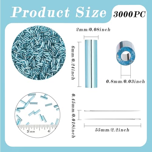 3000PC Blue Glass Bugle Beads 6MM Blue Tube Beads - color: blue