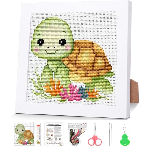 VIGEGU Turtle Stamped Cross Stitch Kits for Adult Beginner with Frame - color: Turtle