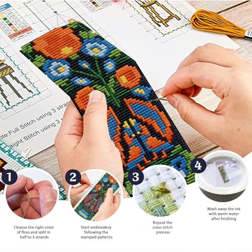ACRNIGHEET 6PCS Cross Stitch Kits Stamped Cross Stitch Bookmark Kit for Beginner Adults Easy Flower DIY Embroidery Bookmark Kit Needlepoint Kits with Instructions Book Lovers Craft Gift 8.5''x3'' 11CT - style: Floral patterns 3