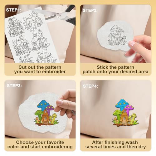 32Pcs Pumpkin Mushroom House Embroidery Pattern Stabilizers, 8.3"x11.7" Cartoon Plant House Water Soluble Stick and Stitch Embroidery Stickers, 4 Sheets Hand Sewing Embroidery Paper - style: Pumpkin Mushroom House