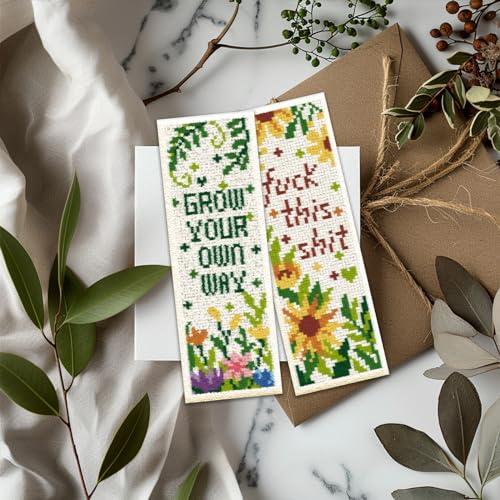 ORIGACH 6 Set Flowers Sayings Cross Stitch Bookmark Kit for Beginner - style: Flowers Sayings
