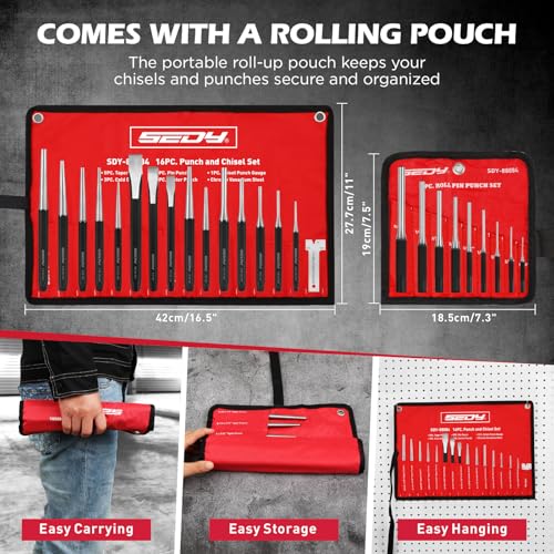 25-Piece Punch and Chisel Set with Roll Pin Punches, Includes Taper, Pin, Center Punches & Cold Chisels for Metalworking, Automotive, and Craft Use - color: 25-piece Set With Roll Pin Punches