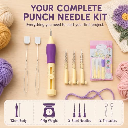 BAVLUD Punch Needle Embroidery Kit with 3 Different Sizes Punch Needle Pen and Comfort Grip Handle for DIY Craft Embroidery Cross Stitch and Rug Hooking Great Gift for Mothers and Handmade Lovers