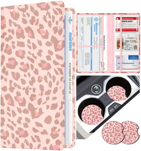 Slohif Car Registration and Insurance Holder with 2 Car Coasters, Elegant - color: Pink Leopard