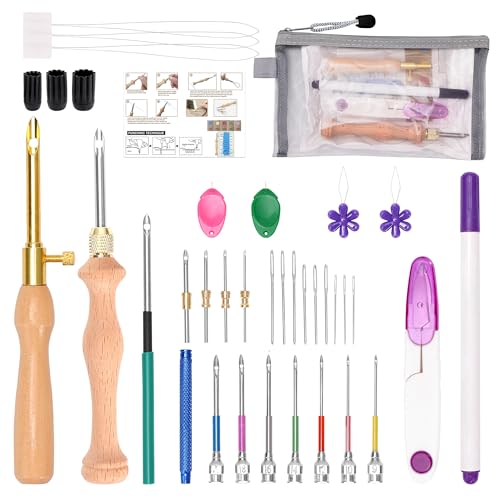Pllieay 36PCS Punch Needle Kit for DIY Embroidery - Punch Needle with Finger Cots, Wooden Handles, Storage Bag, Ideal for Punch Needle Kits Adults Beginner - size: 36pcs Punch Needle