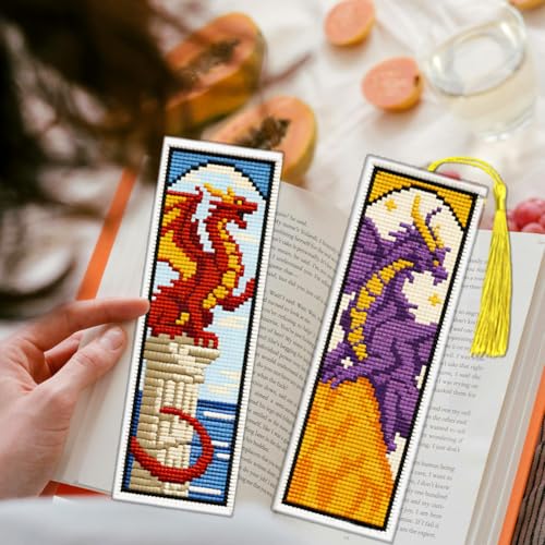ACRNIGHEET 6PCS Cross Stitch Bookmark Kit for Beginner Dragon Stamped Cross Stitch Kits Needlepoint Kit for Adults DIY Tassel Embroidery Bookmark Kits with Instructions Craft Gift 8.5''x3'' 11CT - style: Dragon Patterns
