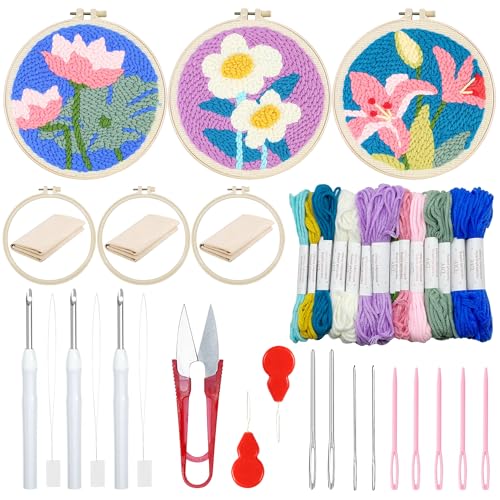 Woohome Punch Needle Kit Included Plastic Hoops, Punch Needle Cloth, Color Yarn and Punch Needle Tools for Adults, Beginners (Chrysanthemum, Lotus, Lily) - color: Color 16