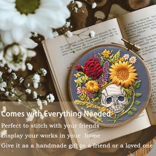 FONNUY Floral Embroidery Kit for Beginners, Colorful Flowers Pre-Stamped Pattern Kits for Adults with Hoop, Thread Needlework, 8'' Hoop (Skull) - color: Skull