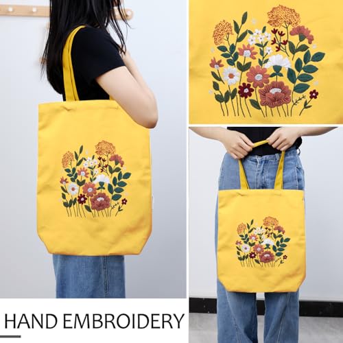 CREAWONDER Canvas Tote Bag Embroidery Kit with Pattern for Beginners, Arts and DIY Embroidery Crafts Kits for Adults, Include Instructions, Thimble, Embroidery Hoops, Color Threads and Tool - color: CR002 huaguangpianran yellow