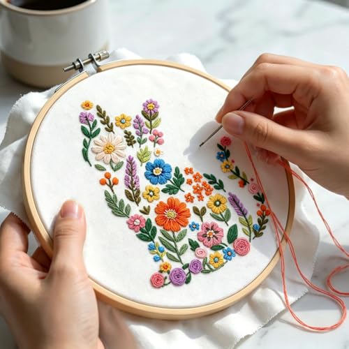 Nuberlic Embroidery Kit for Beginner,Floral Embroidery Practice Kit - color: CAT