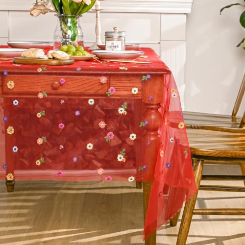 Horaldaily Christmas Red Embroidery Tablecloth, 60×60 Inch Square - color: Deep Red, size: 60" x 60" (Square)
