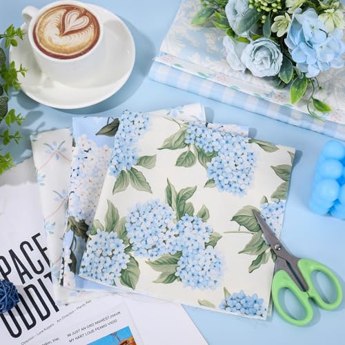 JarThenaAMCS 12Pcs Hydrangea Cotton Fabric Bundles 14 x 14 Inch Watercolor Dusty Blue Floral Pre-Cut Square Flower Plaid Stripe Sewing Fabrics for DIY Craft Party Decor - size: 14 x 14 inch