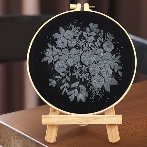 Crafmanoe Embroidery Kits for Beginners Adults, Black Flowers Embroidery Starter Kits, Counted Cross Stitch Kits for Beginners Adults Hobbies Set for Women, Embroidery Hoops, Thread and Video Tutorial - color: H2036, size: 8Inch