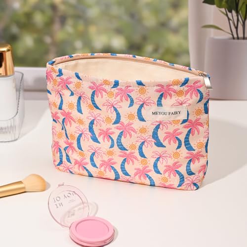 Pink Palm Tree Makeup Bag Zipper Cosmetic Toiletry Pouch Summer for Travel - color: Coco Seaside