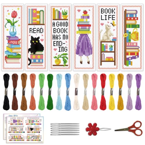 ACRNIGHEET 6PCS Cross Stitch Bookmark Kit for Beginner Bookshelves Stamped Cross Stitch Kits for Adults DIY Embroidery Bookmark Kits Crossstitch Kits Adult with Instructions Hand Craft Gift 11CT - style: Simple books patterns