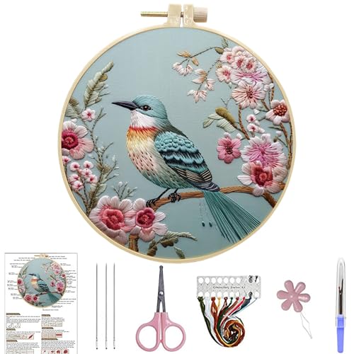 ARTopet Embroidery Kit for Beginners Cross Stitch Kits Needlepoint Set Colorful Bird Patterns Embroidery Thread Kit for Craft Lover Hand Stitch with 7.87in Hoop Threads Fabric-Bird02 - color: Bird02