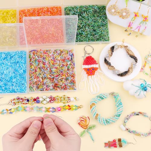4000 Pcs Rainbow Mix Glass Bugle Beads, 2 x 7 mm Embroidery Beads, Small Long Tube Seed Beads for Embroidery Craft Jewelry Making - color: Rainbow Mix