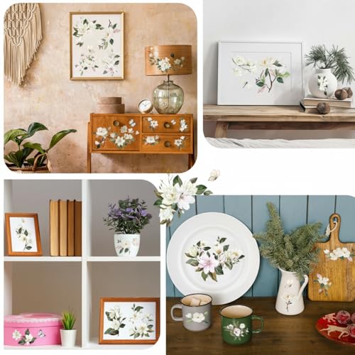 BBTO 12 Sheets Rub on Transfers for Crafts Wood Furniture DIY, 5.5" x 5.7" - style: Michelia Alba