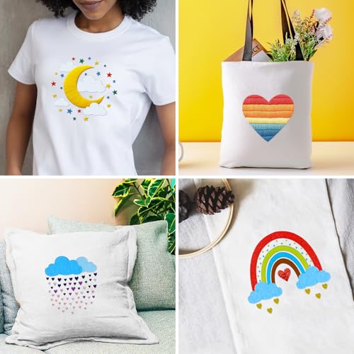 INFUNLY 5 Sets Rainbow Sun Embroidery Kits for Beginners DIY Cross Stitch Starter Sets with Instructions Heart Moon Pattern Needlepoint Kits with Embroidery Cloth Colored Threads Hoops Tools - style: Weather themes