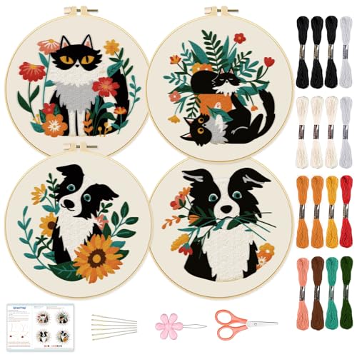 BEUNITONE 4 Set Cat and Dog Embroidery Kit for Beginenrs Hand Sewing Embroidery Kits with Cat and Dog Pattern Needlepoint Kit with Colourful Threads Needles Instructions - style: Cat Dog