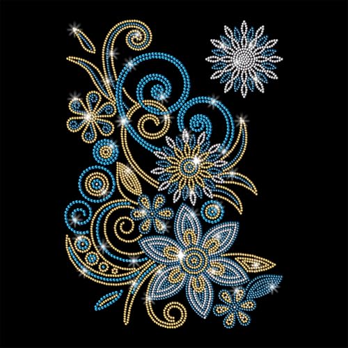 1 Pc Blue Rolled Floral Rhinestone Iron on Hotfix Transfer Decal, Bling DIY Patch Clothing Repair Applique T-Shirt Vest Shoes Hat Jacket Decor Clothing DIY Accessories - style: Blue Rolled Floral