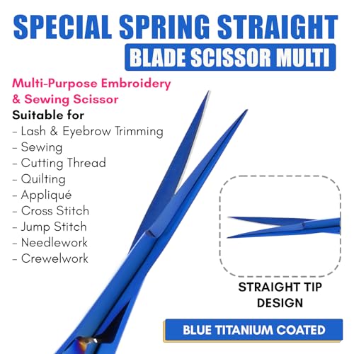 Cross Edge Spring Scissors 5 Inch straight Stainless Steel Precision Eyebrow & Eyelash Shaping & Trimming Scissor, Snips Squeeze, Embroidery & Knitting Micro Tip Craft (Blue) - color: Cec-ss-04
