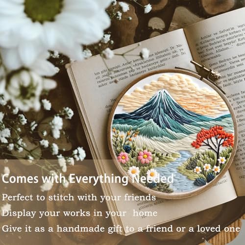 FONNUY Embroidery Kit for Beginners, Flower Hill Nature Landscape Pre-Stamped Pattern Kits for Adults with Hoop, Easy to Follow Color Thread Needlework, 8'' Hoop (Blue) - color: Blue