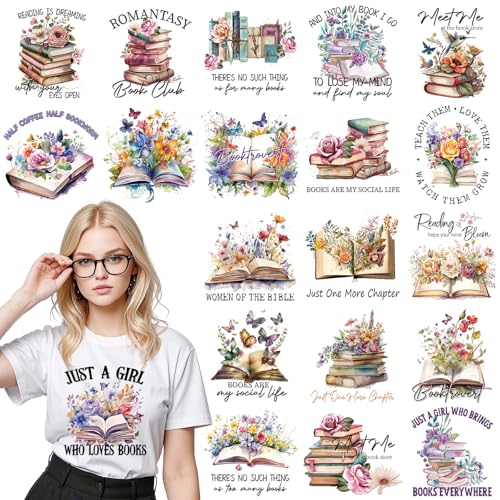 Dazoratix Book Lover Transfer Stickers - 20 Sheets Flower Iron on Transfers Heat Ready to Press Patches for T-Shirts Women Clothing Decals DIY Crafts Clothes Hat Pillow Backbpack Decorations Appliques - style: Book Lover-20PCs