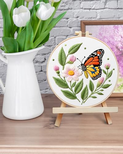 ERKOON Embroidery Kit for Beginners Adult, Flower Cross Stitch Set Include Embroidery Cloth Hoops Threads for Craft Lover Hand Stitch with Embroidery Skill Techniques (Butterfly) - color: Butterfly