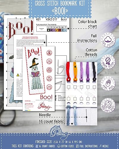 Povitrulya Boo! Halloween Counted Cross Stitch Bookmark Kit - DIY Embroidery Set for Adults - color: Boo!
