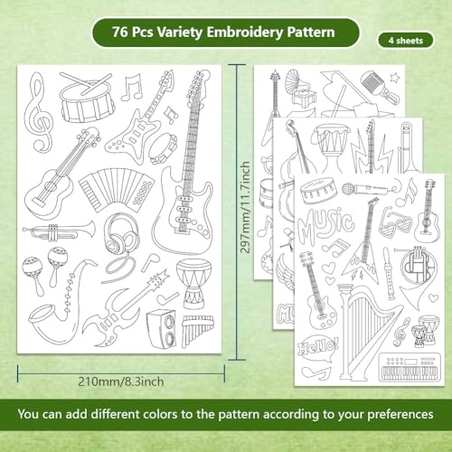 BENECREAT 4 Sheets 76Pcs Music Water Soluble Embroidery Patterns, Guitar Hand Sewing Stabilizers Stick and Stitch Embroidery Paper for Embroidery Beginners, Shirts, Coats, Bags, Towels - color: Music