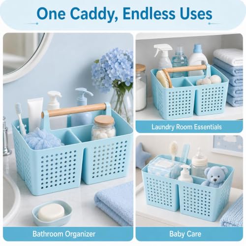 Portable Shower Caddy Basket with 3 Compartments and Handle, Light Blue - color: Light Blue