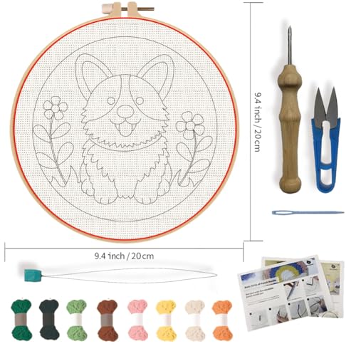 FREEBLOSS DIY Corgi Punch Needle Kit for Beginners Embroidery Punch Needle Starter Craft Set with Instructions Frame Embroidery Kit for Adults Gift Decoration 7.9''/20cm - color: Vibrant, varied colors