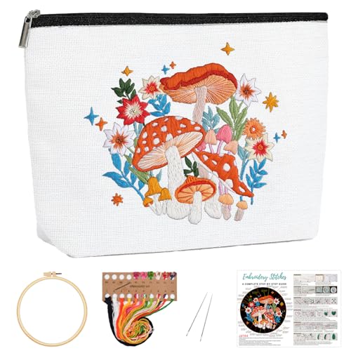 Louise Maelys Embroidery Kit for Beginners, Mushroom Canvas Makeup Bag - color: Mushroom Flower