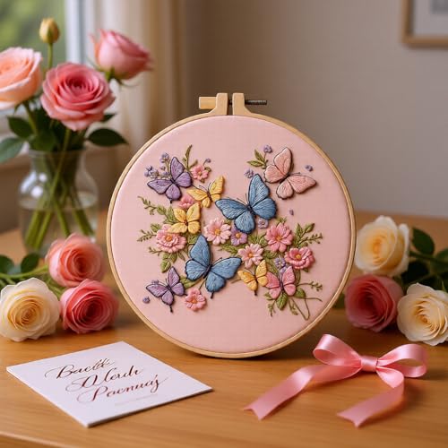 Embroidery Kit for Beginners & Adults Starter Kit, Cross Stitch Kits,DIY Hand Embroidery Needlepoint Set with Hoop, Pre-Printed Fabric, Threads and Instructions (Butterfly) - color: Butterfly