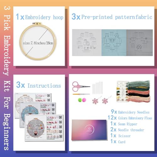 Jyphorixal Embroidery Kit for Beginners Adults Cross Stitch Starter Kit Needle Point Supplies 33 Basic Stitches in 3 Set, DIY Craft Lover Starter Hand Stitch (Flower) - color: Flower