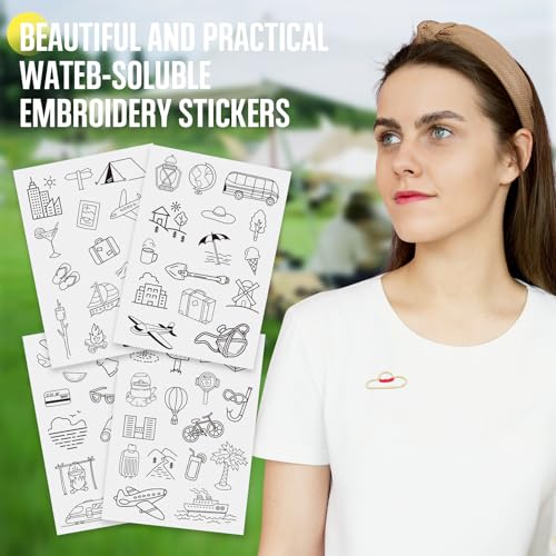 Magibeads 60 Patterns Travel Theme Water Soluble Embroidery Patterns Airplane Landscaping Suitcase Stick and Stitch Transfer Embroidery Paper for Adult Beginners Hand Sewing Starter Kit - color: Travel