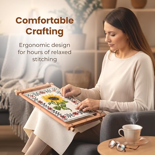 Easy Assembly Cross Stitch Frame - Tool Free Embroidery Frame (18" x 11.1") Needlework Supplies for Embroidery - Scroll Frames for Cross Stitching - Professional Grade Wood Needlepoint Frame